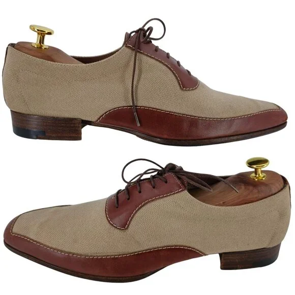 A. Testoni Italy Mens 9D Dress Shoes Beige Brown Canvas Leather Luxury Oxfords - Picture 4 of 11